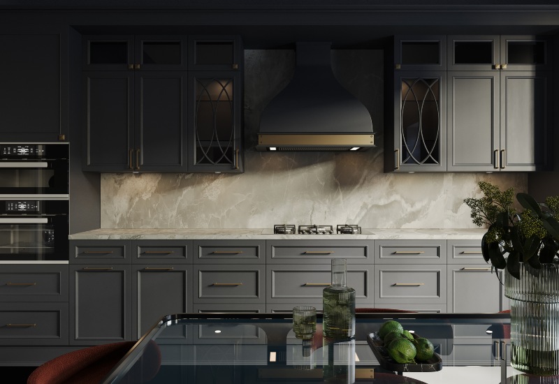 Dark wood cabinets and a marble countertop create a stylish vintage kitchen in Annapolis, MD.